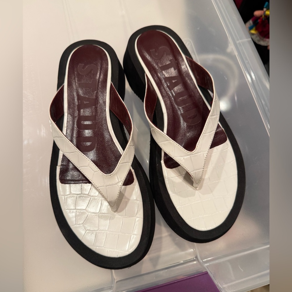 STAUD White and Black Croc-Embossed Sandals